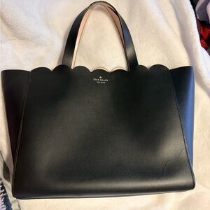 kate spade Black Scalloped-Edge Tote with Blush Trim